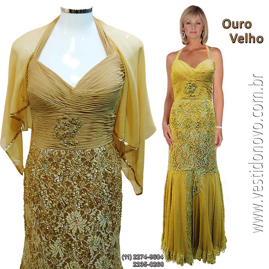 vestido de festa dourado para me da noiva, com renda e brilho, em So Paulo